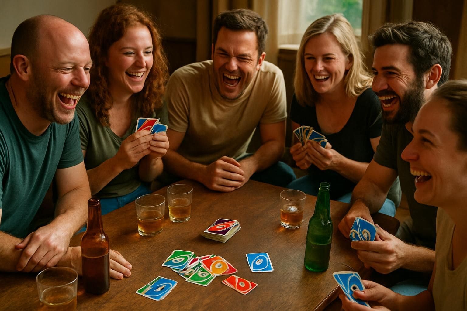A group of friends play Drunk UNO at a worn wooden table, surrounded by drinks and laughter. A group of friends play Drunk UNO at a worn wooden table, surrounded by drinks and laughter.