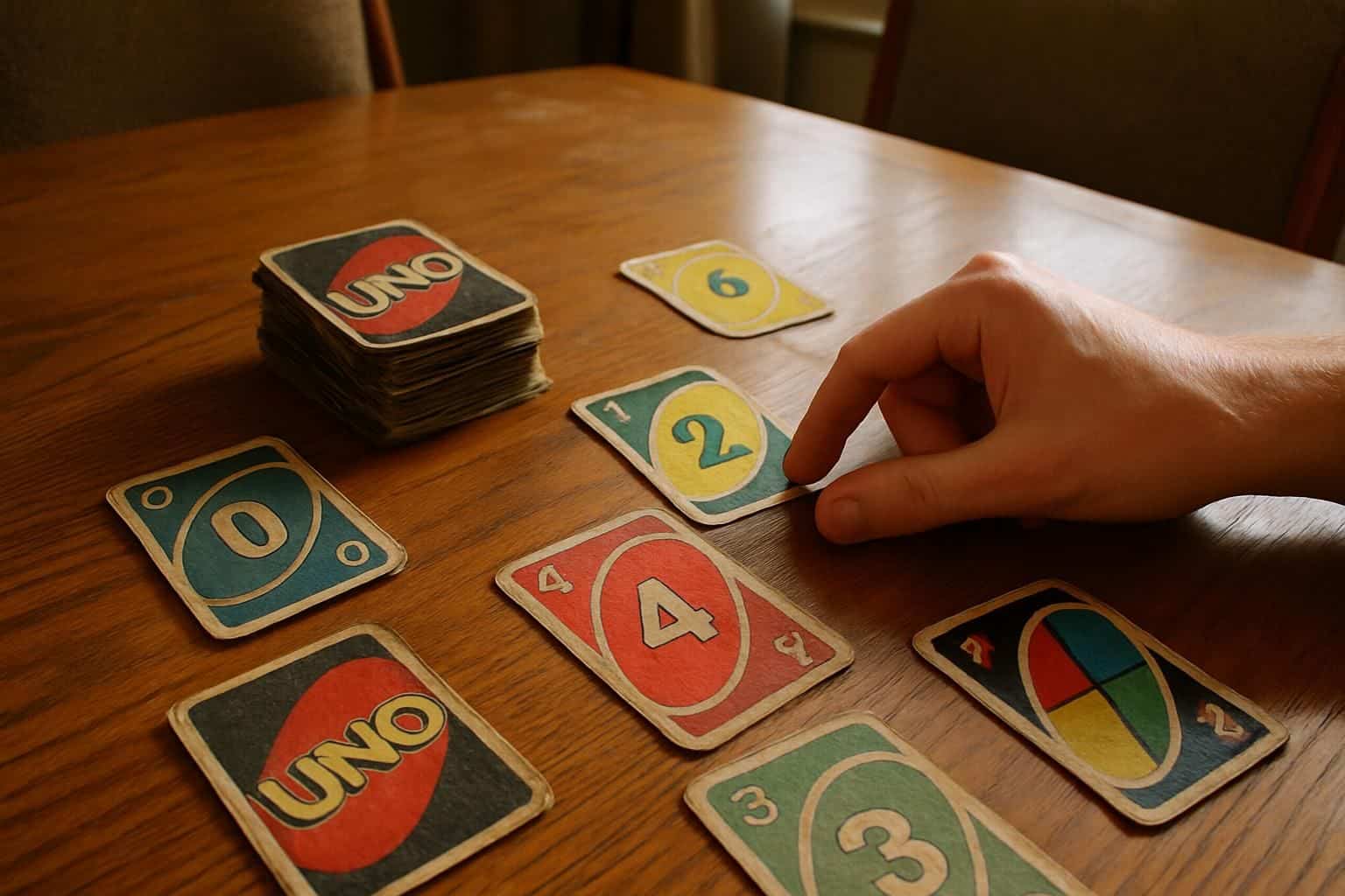 A worn deck of UNO cards scattered on a polished oak table during a game night. A worn deck of UNO cards scattered on a polished oak table during a game night.