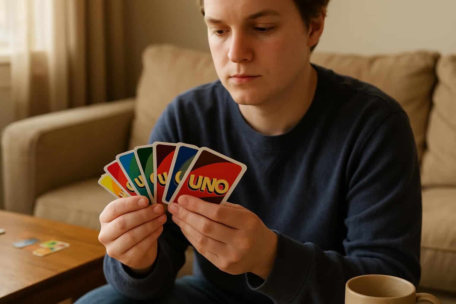 A young adult sits on a cozy sofa, sorting UNO cards for a game night. A young adult sits on a cozy sofa, sorting UNO cards for a game night.