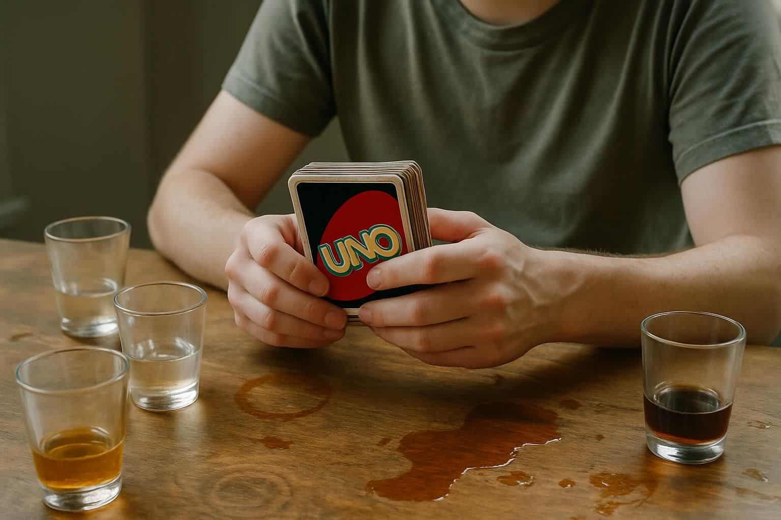 A person playing UNO at a worn wooden table with scattered shot glasses and spilled drinks. A person playing UNO at a worn wooden table with scattered shot glasses and spilled drinks.