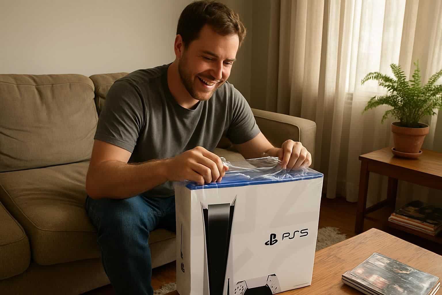 A man excitedly unwraps a new PlayStation 5 console in a warmly lit living room. A man excitedly unwraps a new PlayStation 5 console in a warmly lit living room.