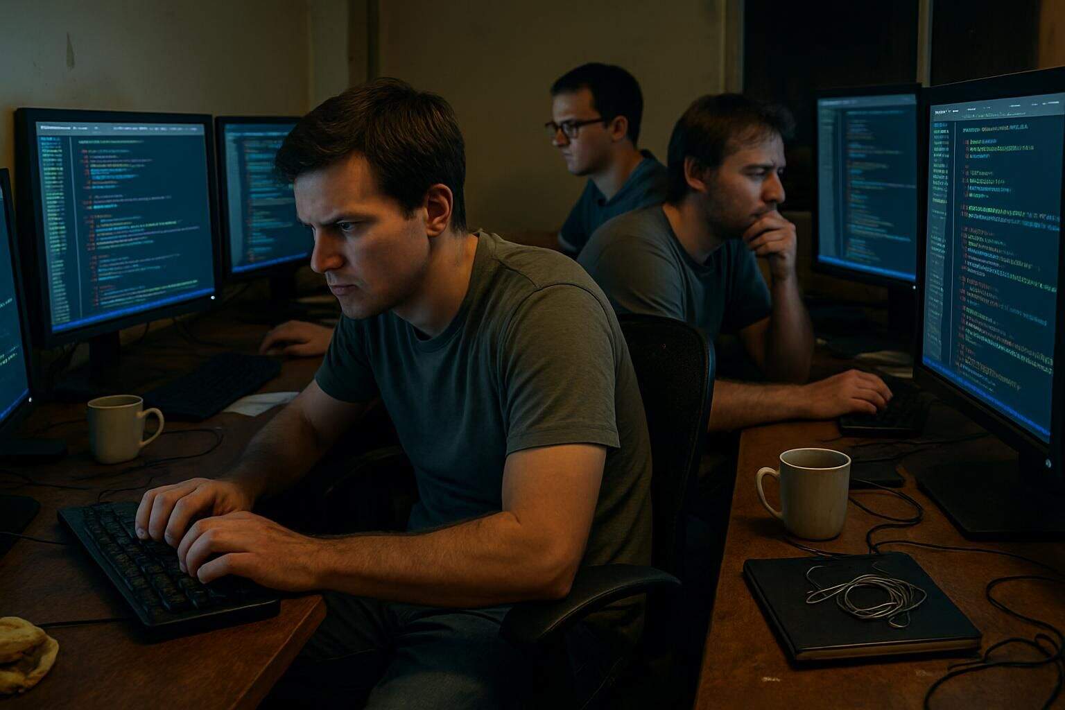 A group of software developers work late into the night in a cluttered office, focusing intently on their computer monitors. A group of software developers work late into the night in a cluttered office, focusing intently on their computer monitors.