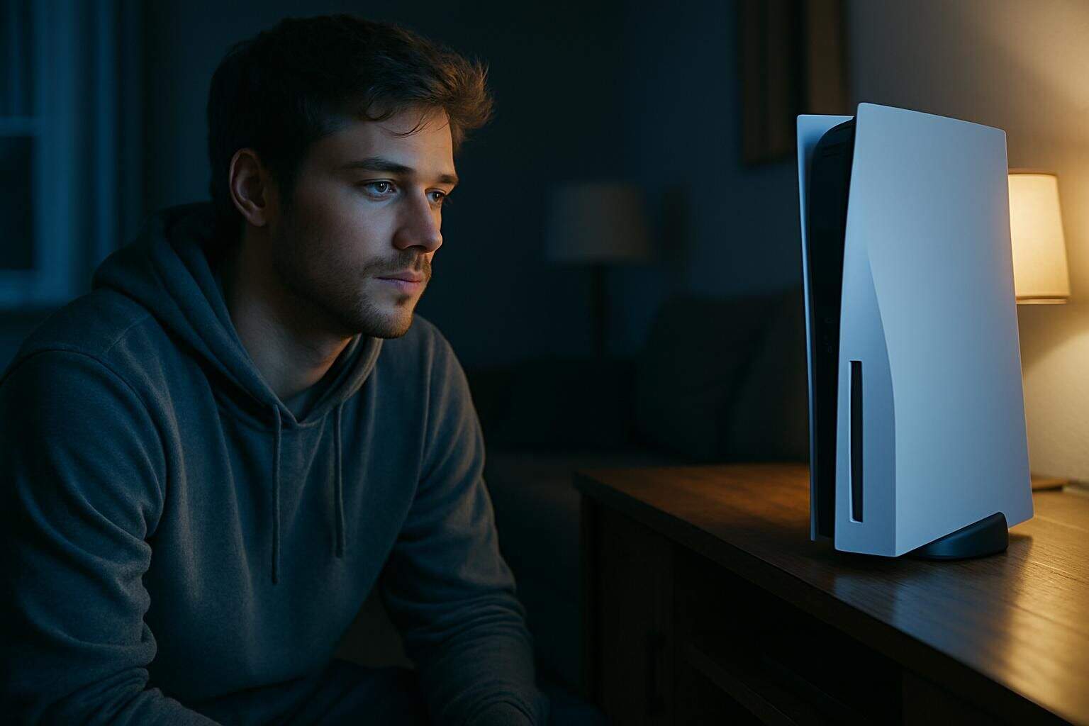 A young man eagerly awaits to play his PlayStation 5 in a cozy living room at night. A young man eagerly awaits to play his PlayStation 5 in a cozy living room at night.