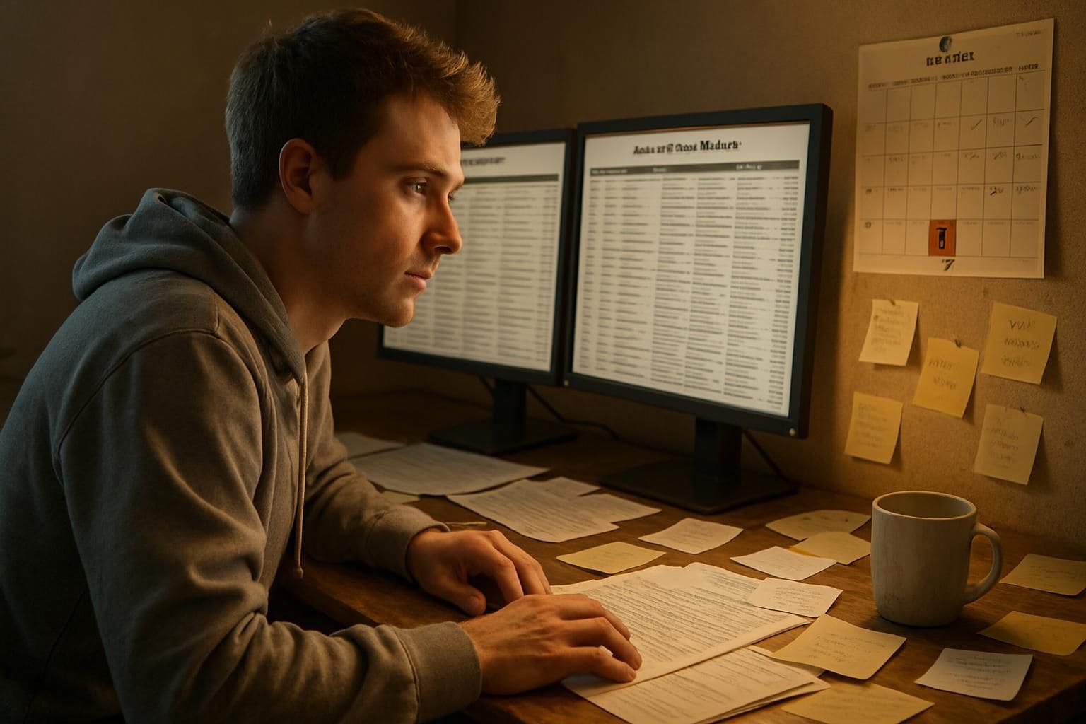 A young man sits at cluttered desk, focused on upcoming game release schedules. A young man sits at cluttered desk, focused on upcoming game release schedules.