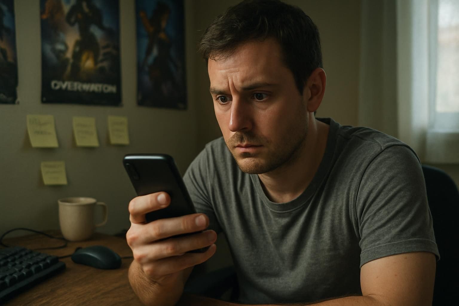 A man in his 30s, sitting in a gaming-themed room with a tense expression, holding a smartphone. A man in his 30s, sitting in a gaming-themed room with a tense expression, holding a smartphone.