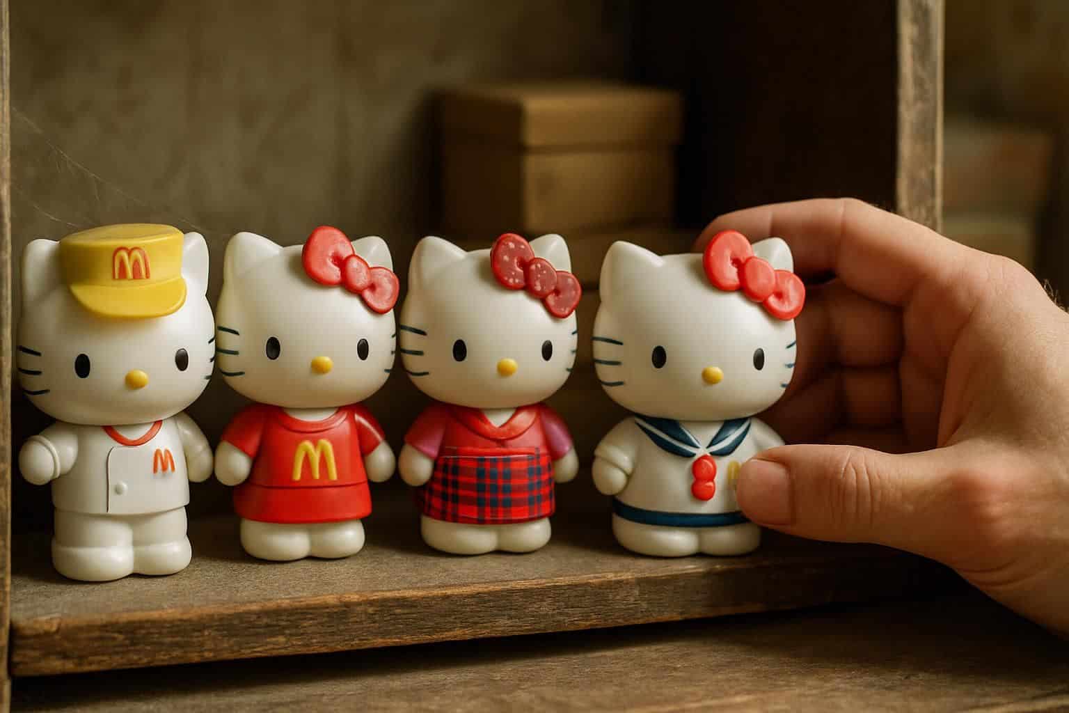 A close-up photo of a vintage collection of rare Hello Kitty McDonald's toys on a dusty, aged wooden shelf. A close-up photo of a vintage collection of rare Hello Kitty McDonald's toys on a dusty, aged wooden shelf.