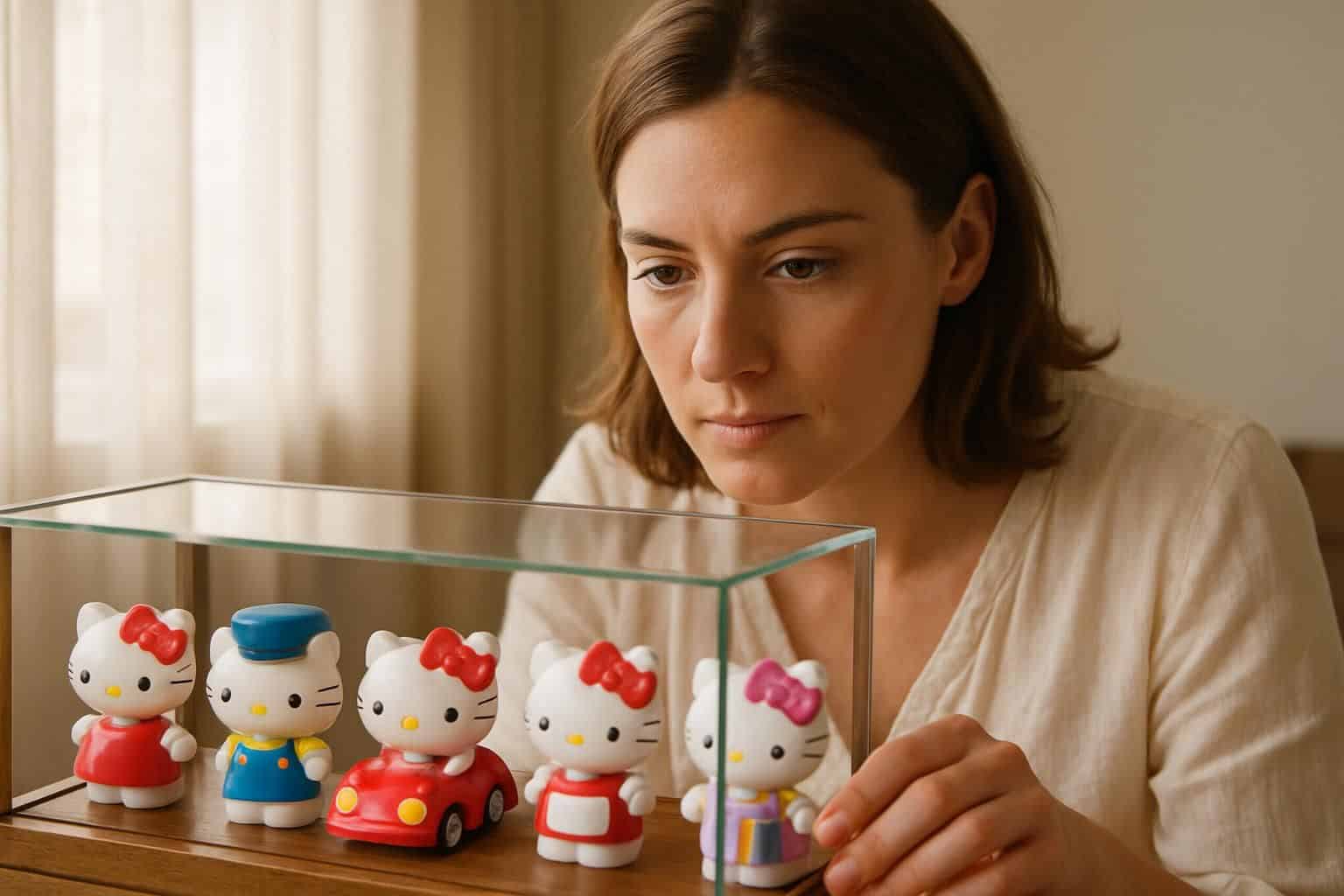 A woman in her 30s admires a collection of Hello Kitty Happy Meal toys in a well-lit room. A woman in her 30s admires a collection of Hello Kitty Happy Meal toys in a well-lit room.