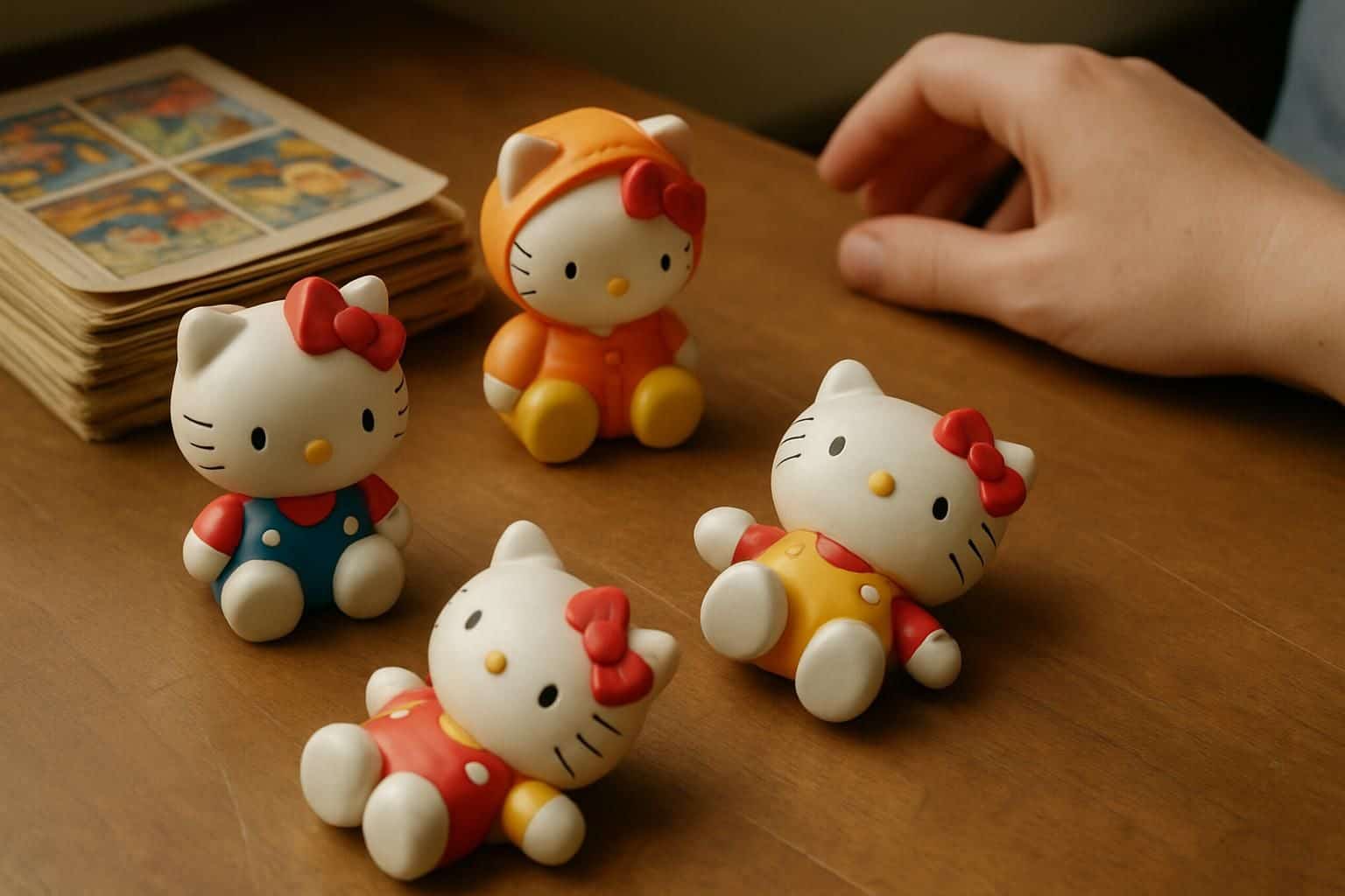 Vintage Hello Kitty McDonald's toys and old toy catalogs on a worn wooden desk. Vintage Hello Kitty McDonald's toys and old toy catalogs on a worn wooden desk.