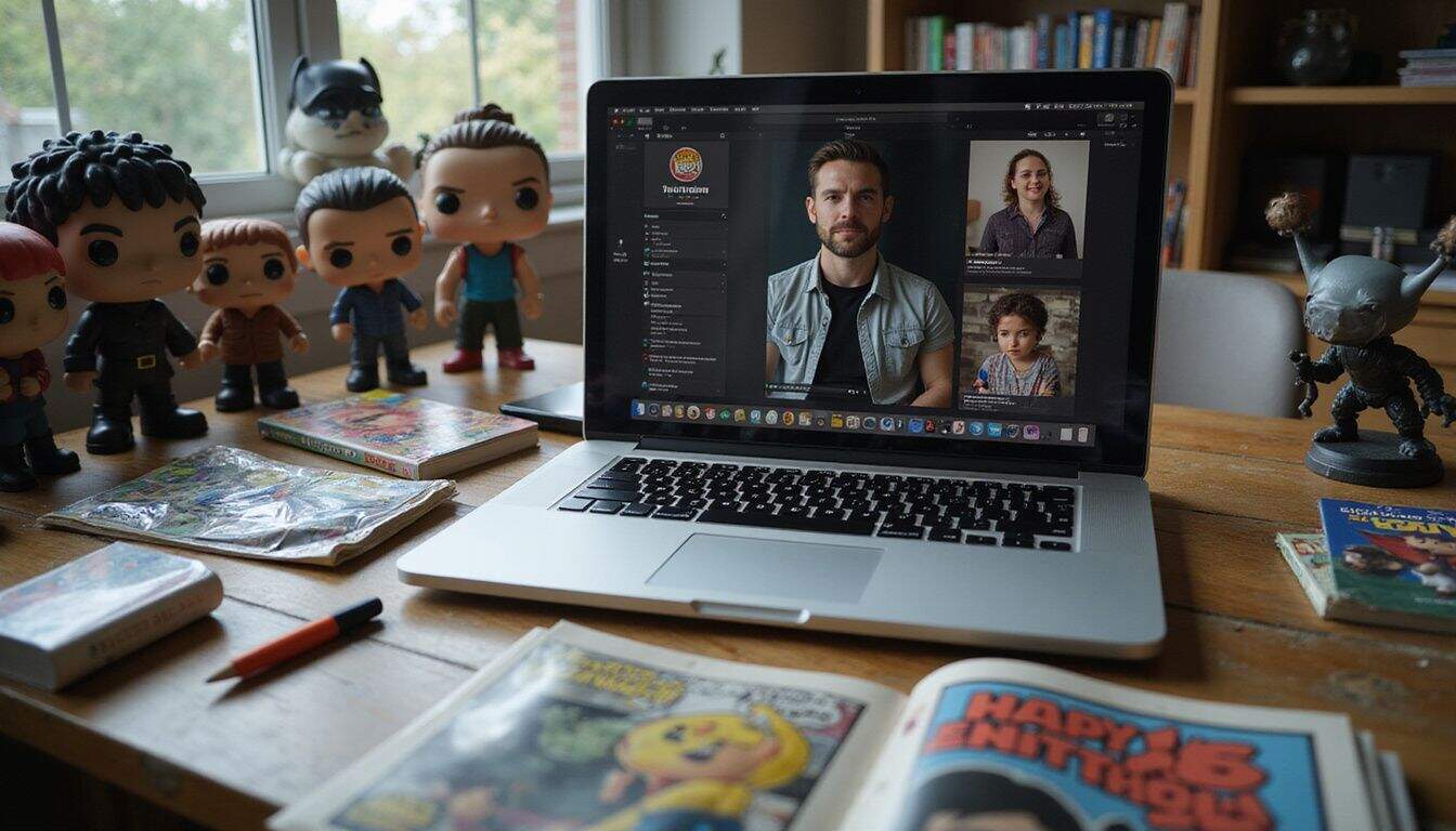 A cluttered desk with comic books, Funko Pop figures, and a laptop with social media feeds. A cluttered desk with comic books, Funko Pop figures, and a laptop with social media feeds.
