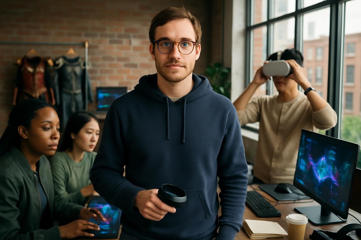 A group of diverse individuals engage in a virtual reality meetup in a sunlit urban loft. A group of diverse individuals engage in a virtual reality meetup in a sunlit urban loft.