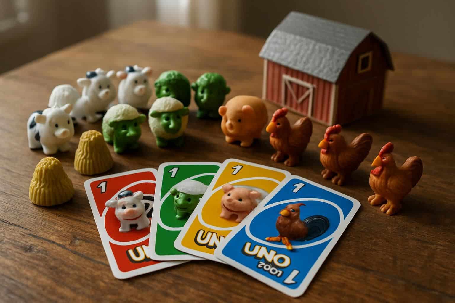 A high-resolution photo of Uno Moo farm game set on a rustic wooden table. A high-resolution photo of Uno Moo farm game set on a rustic wooden table.