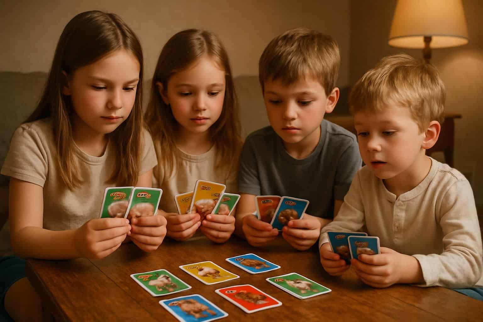 A group of children enjoy a game of Uno Moo around a wooden table in a cozy home setting. A group of children enjoy a game of Uno Moo around a wooden table in a cozy home setting.