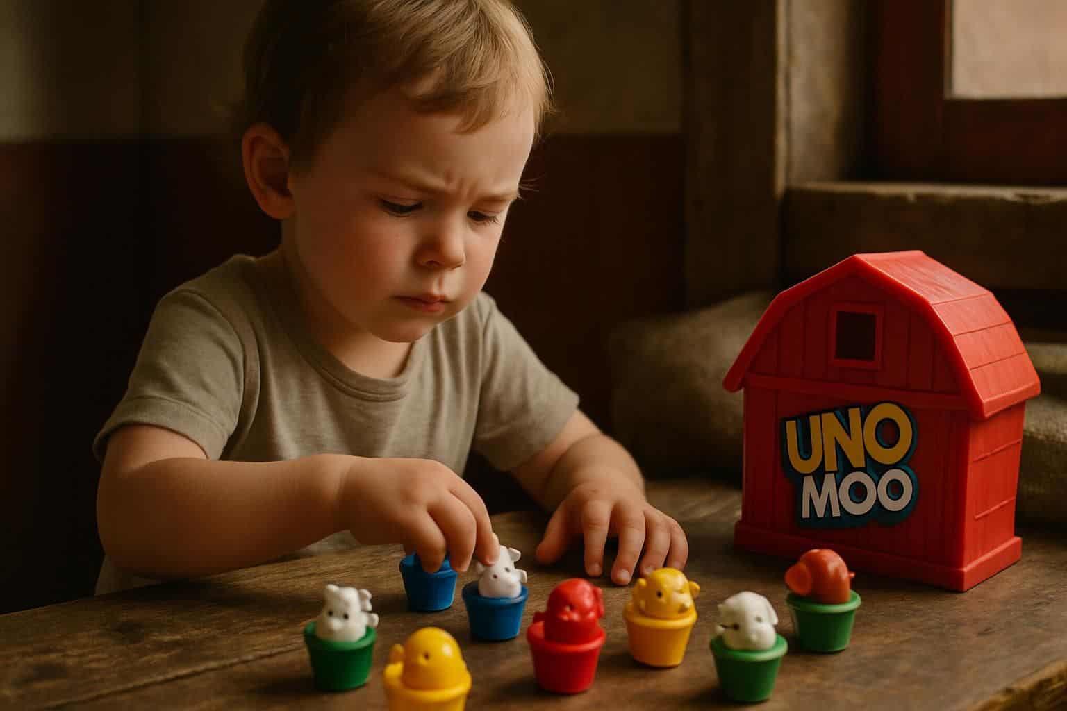 A young child plays Uno Moo at a rustic table in a barn-themed room. A young child plays Uno Moo at a rustic table in a barn-themed room.