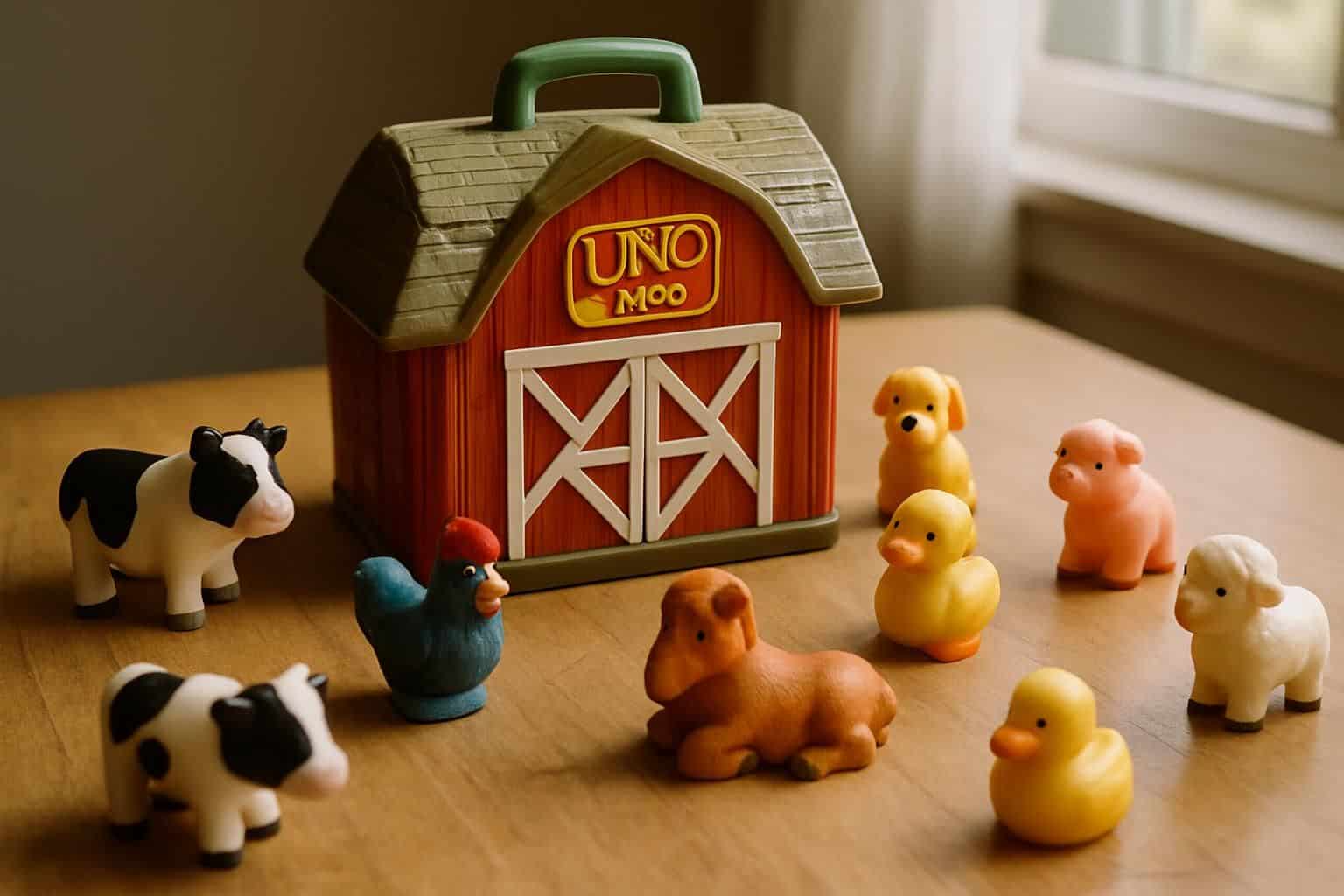 A group of realistic farm animal figures and a wooden barn toy displayed on a sunlit tabletop. A group of realistic farm animal figures and a wooden barn toy displayed on a sunlit tabletop.
