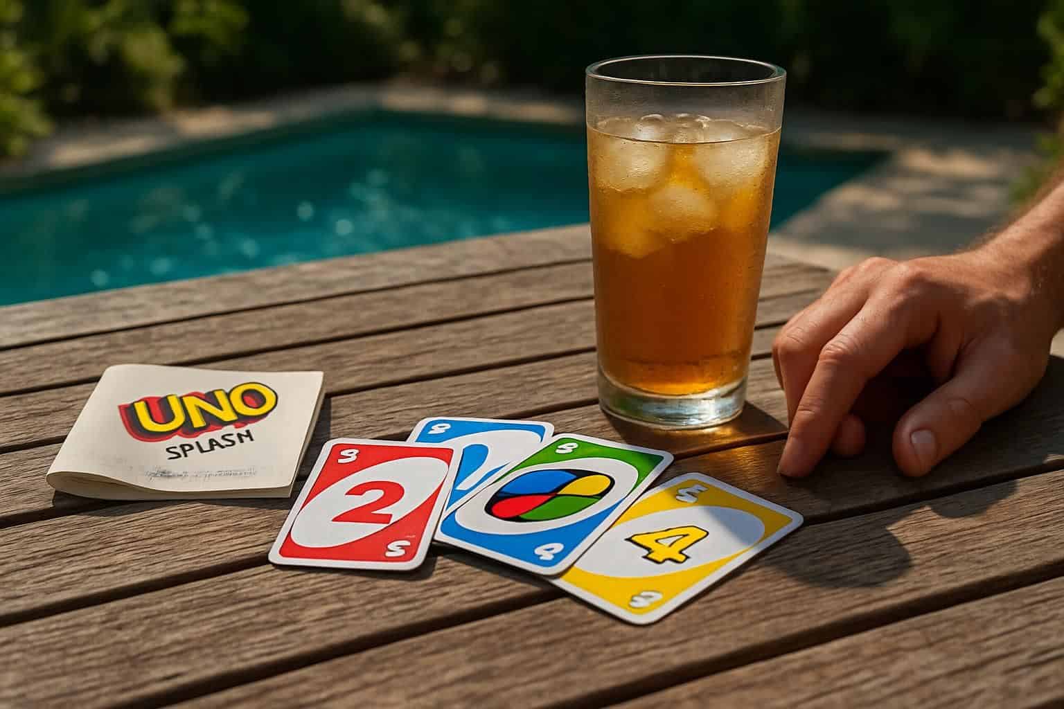 A close-up of a wooden patio table with a spread of Uno Splash cards and a glass of iced drink, set against a backyard pool. A close-up of a wooden patio table with a spread of Uno Splash cards and a glass of iced drink, set against a backyard pool.