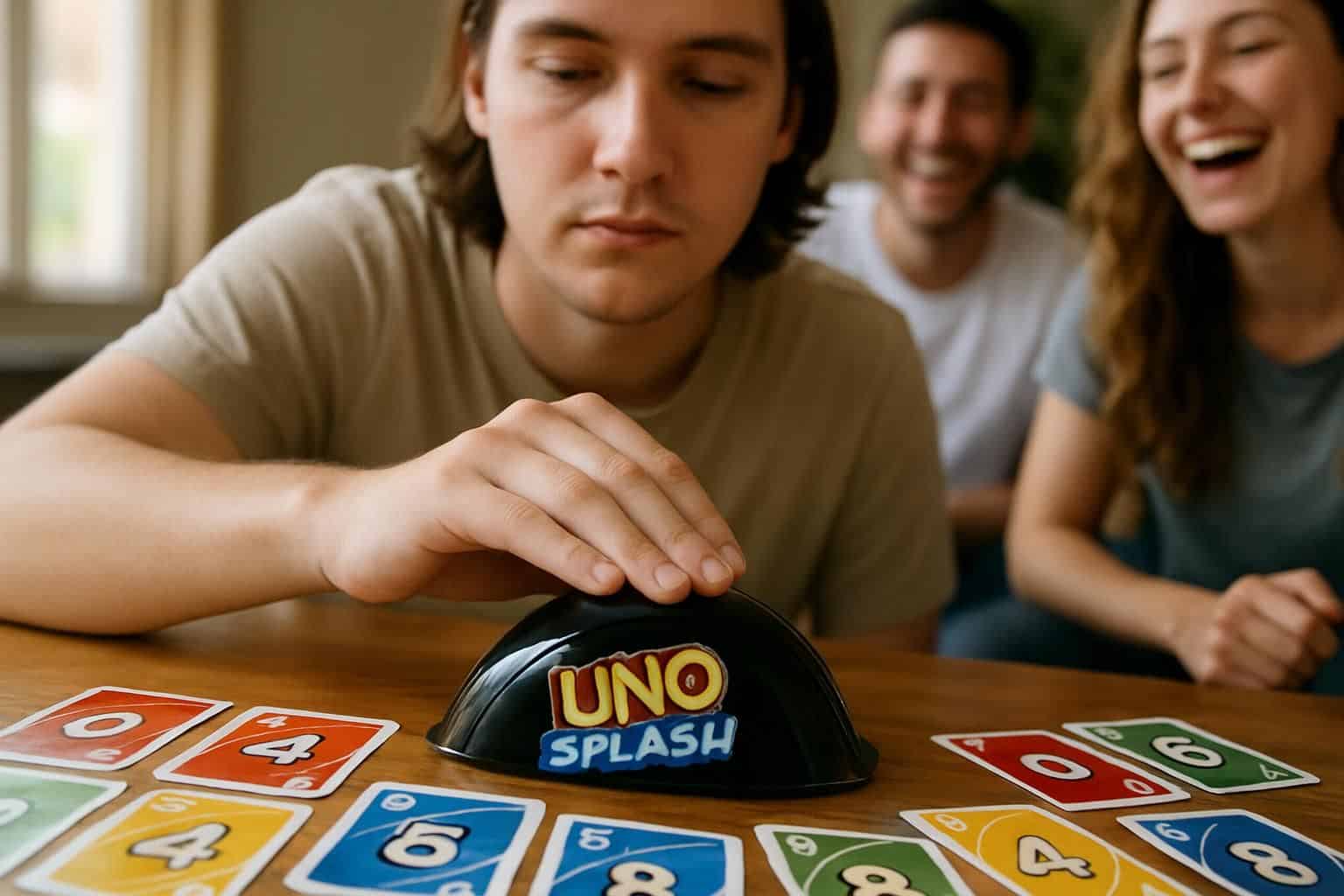 A young adult plays Uno with friends, enjoying a casual and joyful gathering. A young adult plays Uno with friends, enjoying a casual and joyful gathering.