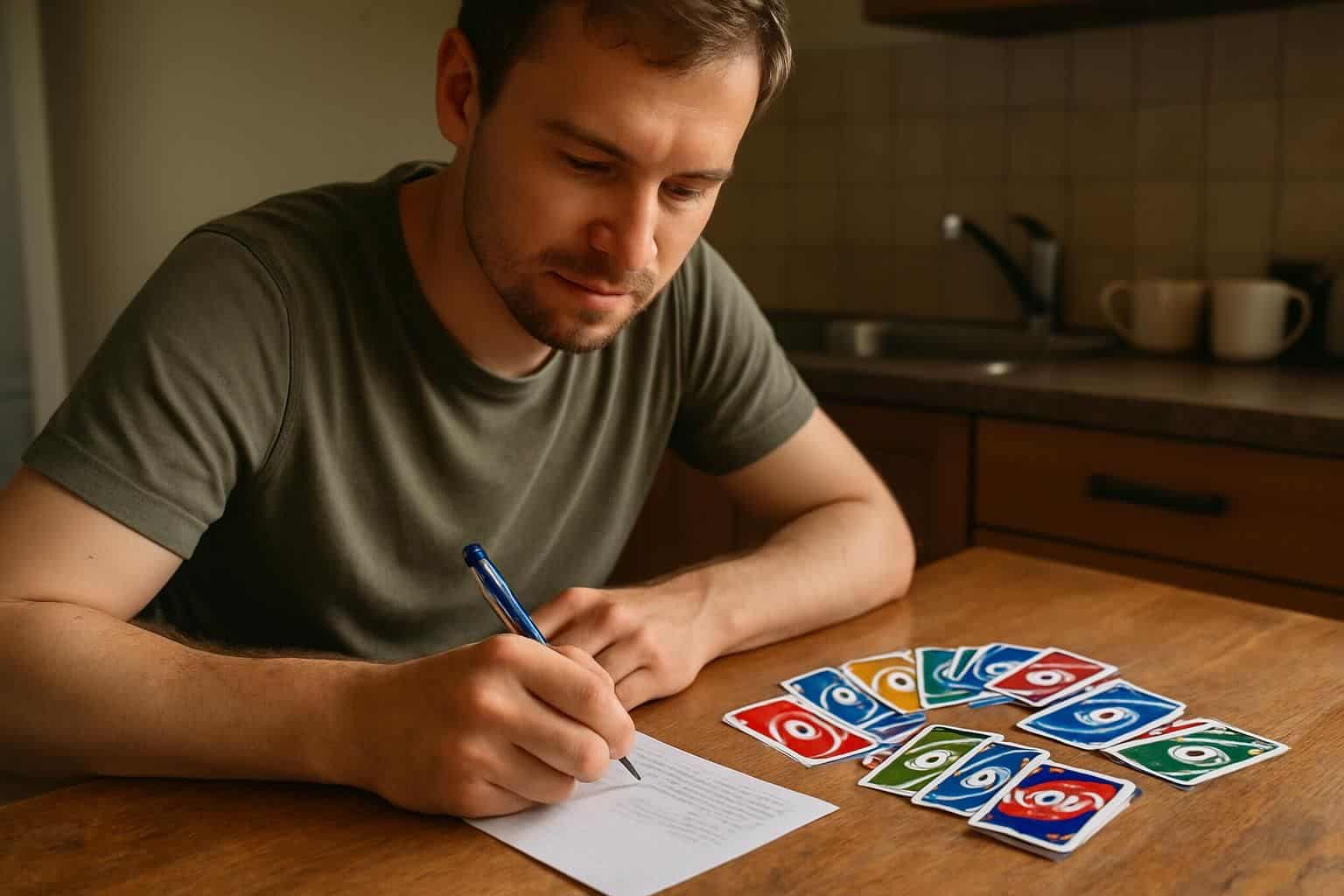 A man in his 30s sits at a kitchen table, keeping score in an Uno game. A man in his 30s sits at a kitchen table, keeping score in an Uno game.