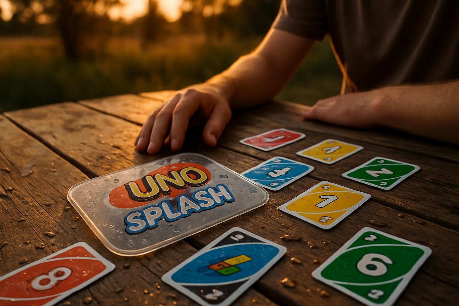 A wet picnic table with Uno Splash game and scattered cards in natural setting. A wet picnic table with Uno Splash game and scattered cards in natural setting.