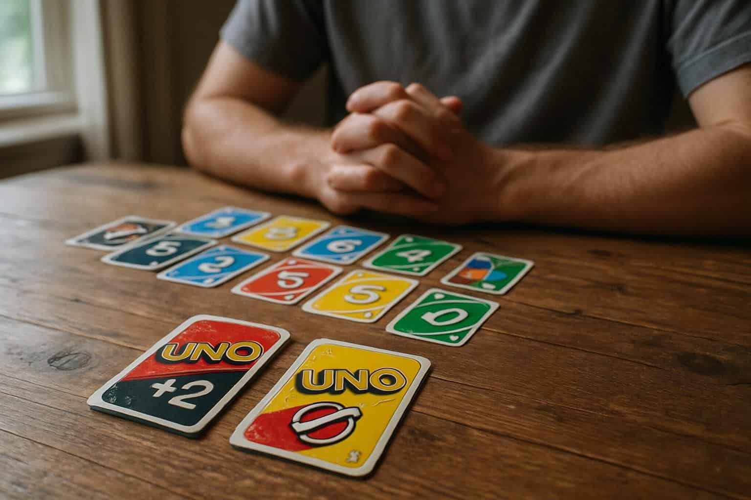 A game of Uno Splash set up on a wooden table, with scattered cards and two penalty cards in front. A game of Uno Splash set up on a wooden table, with scattered cards and two penalty cards in front.
