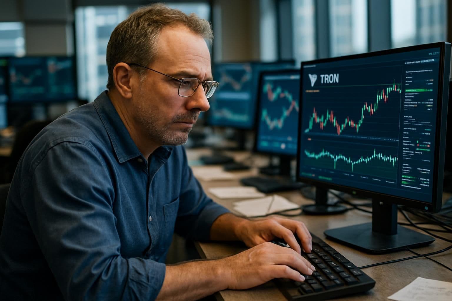 An experienced man working in a busy cryptocurrency trading office, focused on his computer monitors and surrounded by clutter. An experienced man working in a busy cryptocurrency trading office, focused on his computer monitors and surrounded by clutter.
