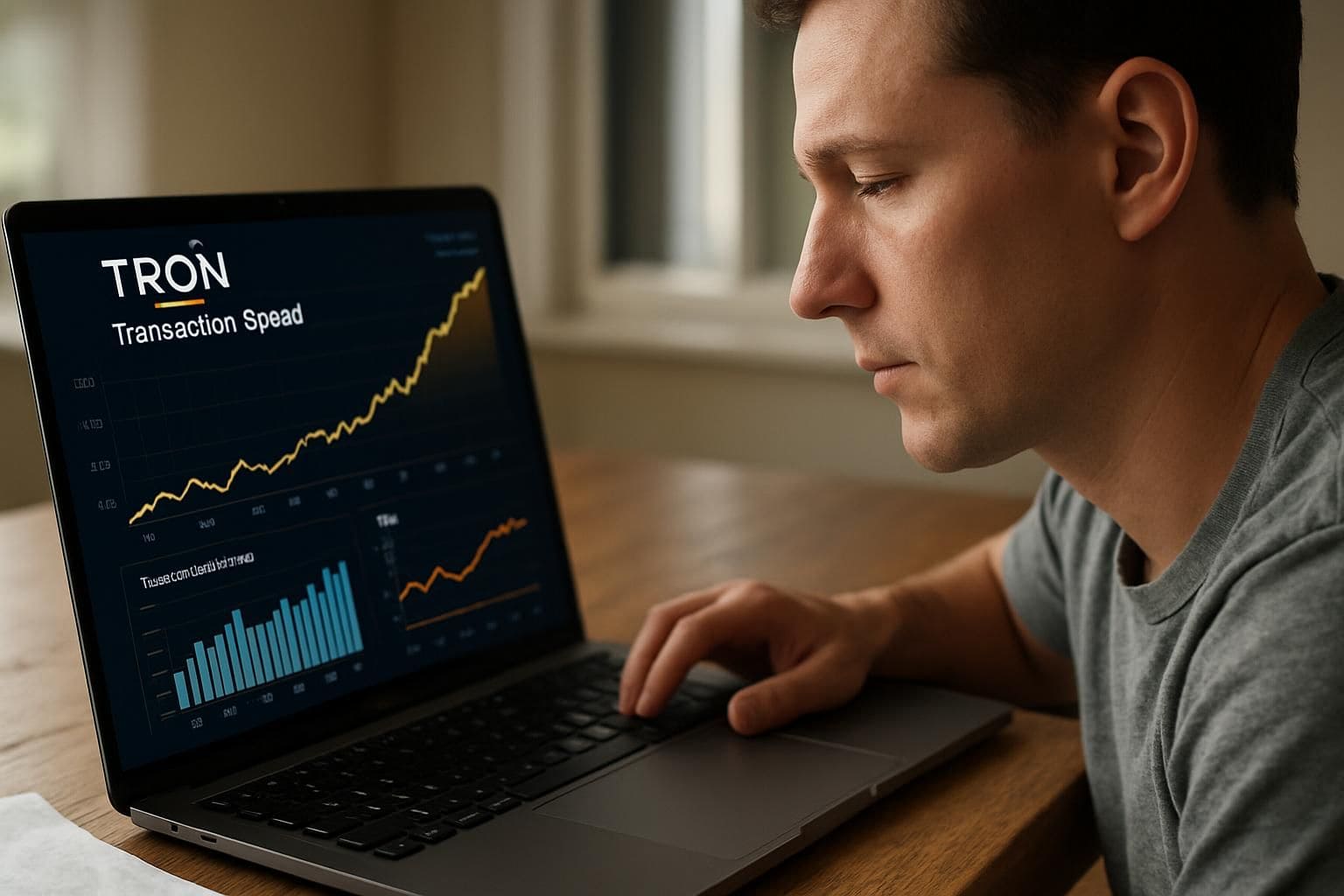 A person focused on analyzing Tron transaction speed data on a laptop at a wooden desk. A person focused on analyzing Tron transaction speed data on a laptop at a wooden desk.