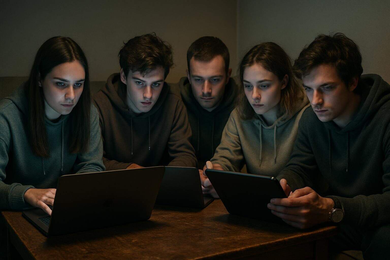 Five young adults engage in an intense online game, illuminated by the glow of their electronic screens. Five young adults engage in an intense online game, illuminated by the glow of their electronic screens.