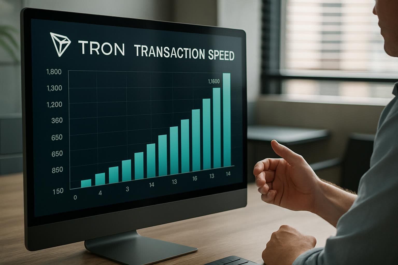 A close-up photo of a digital monitor displaying a Tron blockchain transaction speed chart in an office setting. A close-up photo of a digital monitor displaying a Tron blockchain transaction speed chart in an office setting.