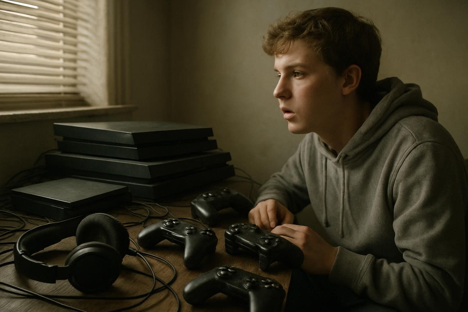 A cluttered gaming setup with consoles, controllers, and headsets, and a focused gamer in a dimly lit room. A cluttered gaming setup with consoles, controllers, and headsets, and a focused gamer in a dimly lit room.