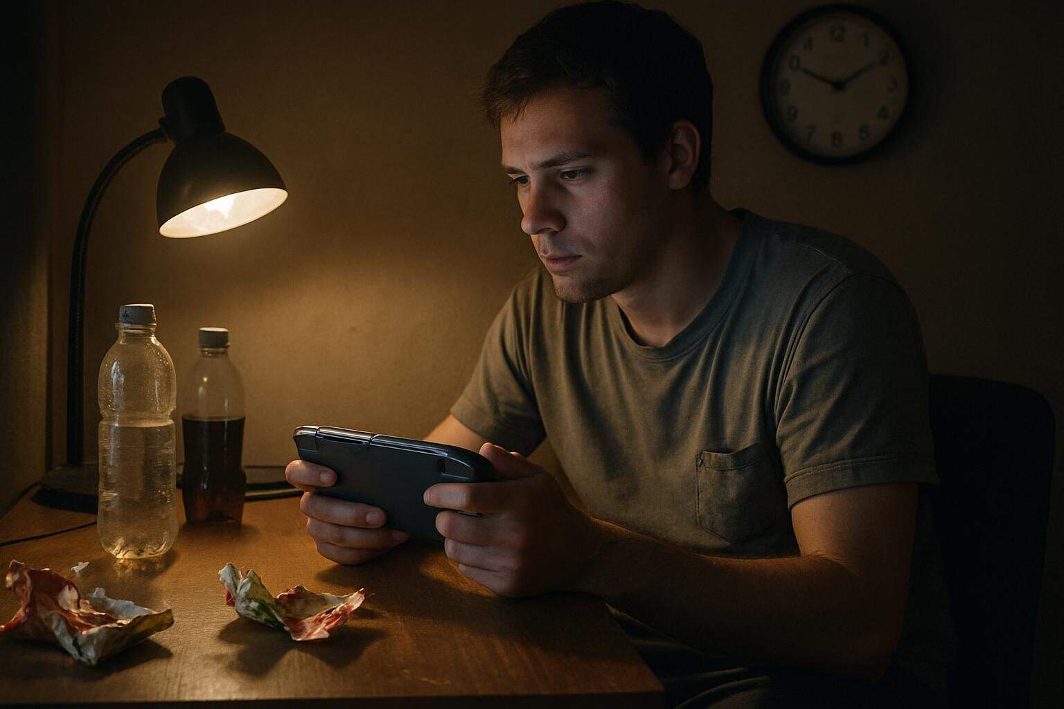 A person sits at a cluttered desk, playing video games late into the night. A person sits at a cluttered desk, playing video games late into the night.