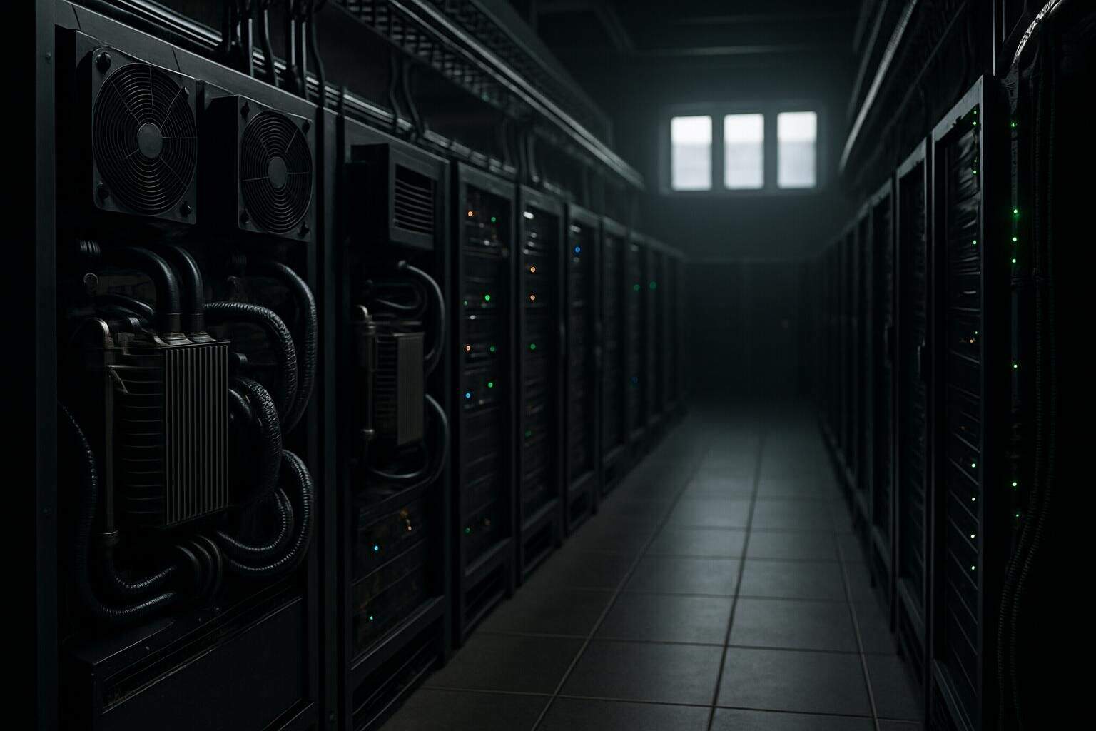 A dimly lit data center room filled with network servers, cooling systems, and power distribution units. A dimly lit data center room filled with network servers, cooling systems, and power distribution units.