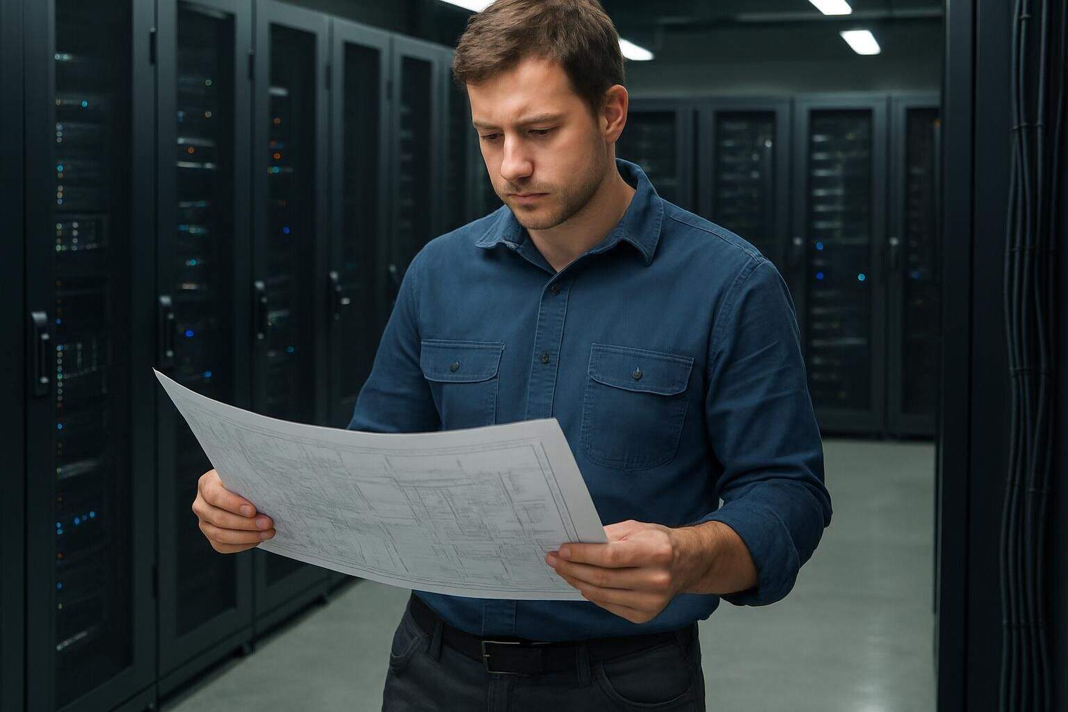 A man studies blueprints in a server room, surrounded by racks of equipment. A man studies blueprints in a server room, surrounded by racks of equipment.