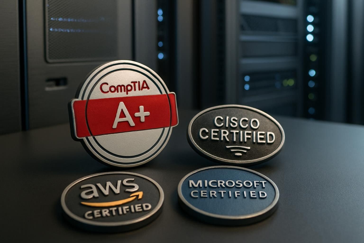 Close-up of CompTIA A+ certification badges arranged on a black surface, with a data center in the background. Close-up of CompTIA A+ certification badges arranged on a black surface, with a data center in the background.