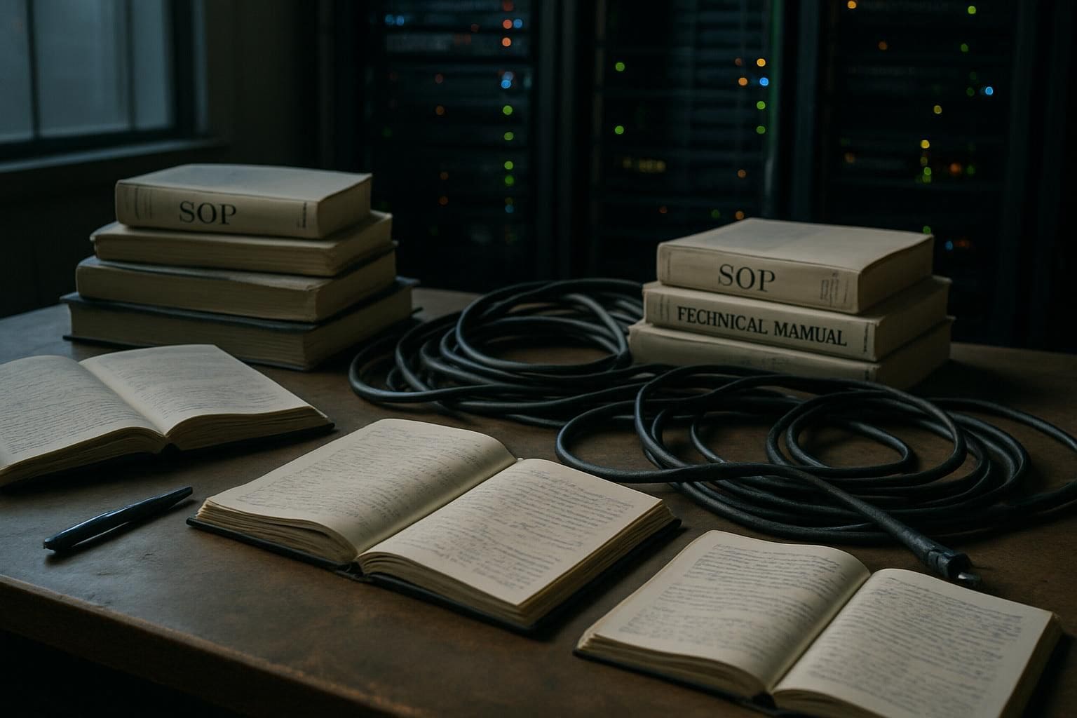 A cluttered desk in a dimly lit data center with technical manuals, notebooks, and tangled cables. A cluttered desk in a dimly lit data center with technical manuals, notebooks, and tangled cables.
