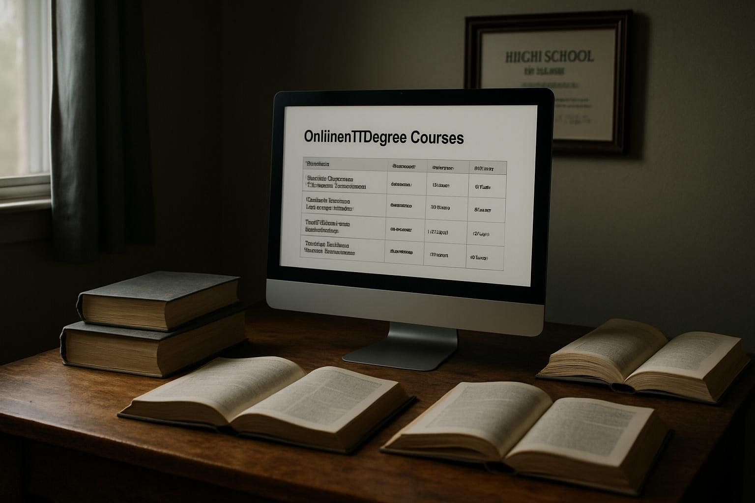 A cluttered desk with a computer monitor, textbooks, and a framed diploma. A cluttered desk with a computer monitor, textbooks, and a framed diploma.