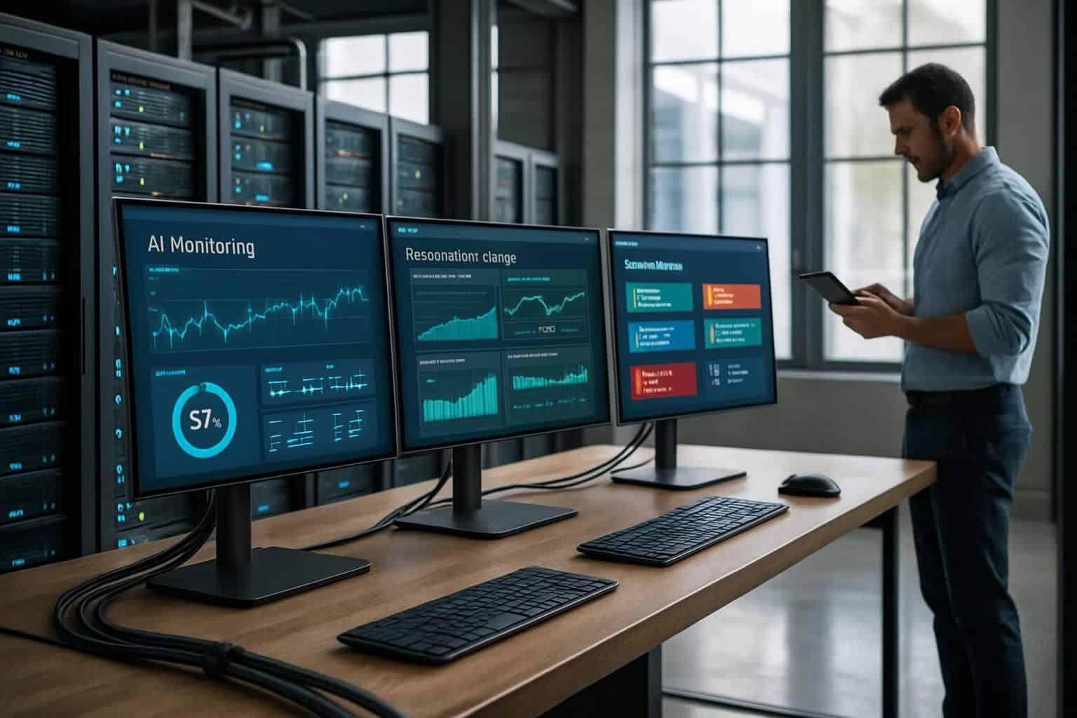 A meticulously organized data center with sleek server racks, monitoring dashboards, and a tech specialist at work. A meticulously organized data center with sleek server racks, monitoring dashboards, and a tech specialist at work.