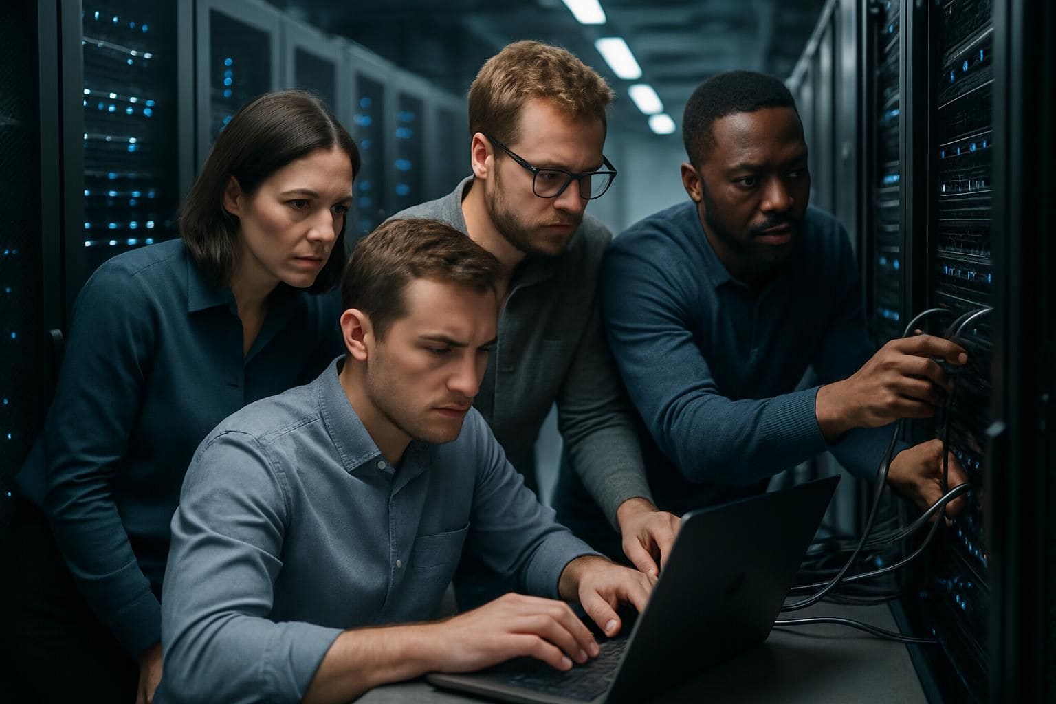 Tech professionals collaboratively working in a high-stakes data center environment with intense focus and precision. Tech professionals collaboratively working in a high-stakes data center environment with intense focus and precision.
