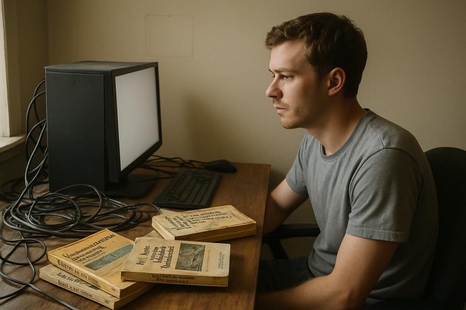 A cluttered home office with a computer desk and manuals, showing a young man studying data center technologies. A cluttered home office with a computer desk and manuals, showing a young man studying data center technologies.