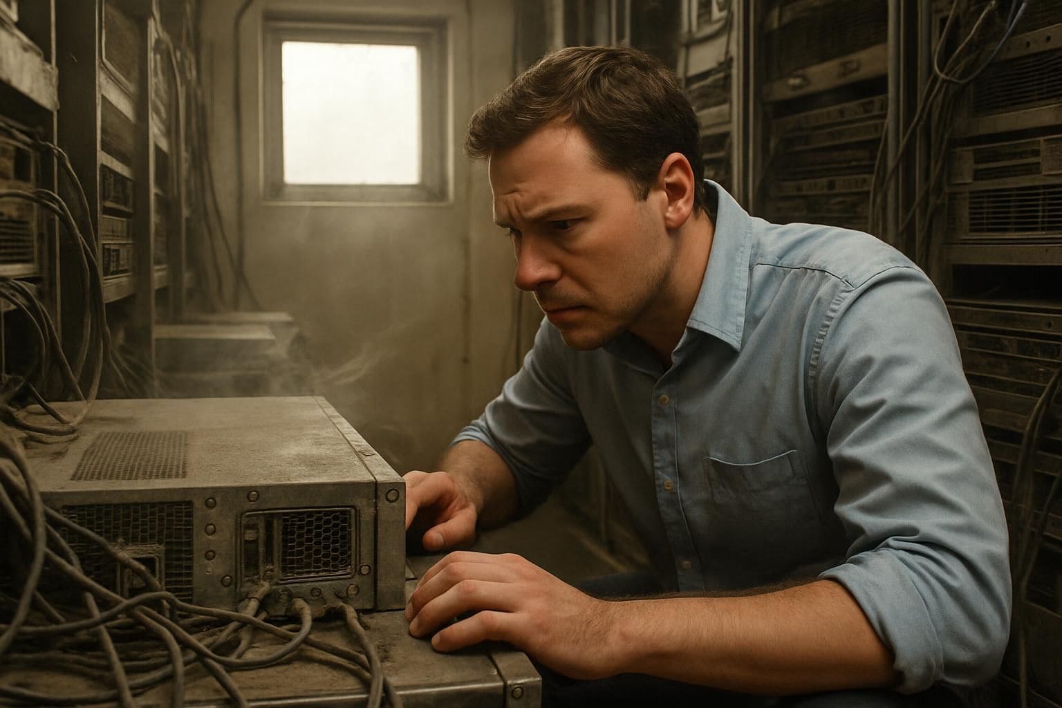 A man inspects a cluttered, dusty server room with aged equipment and potential overheating risks. A man inspects a cluttered, dusty server room with aged equipment and potential overheating risks.