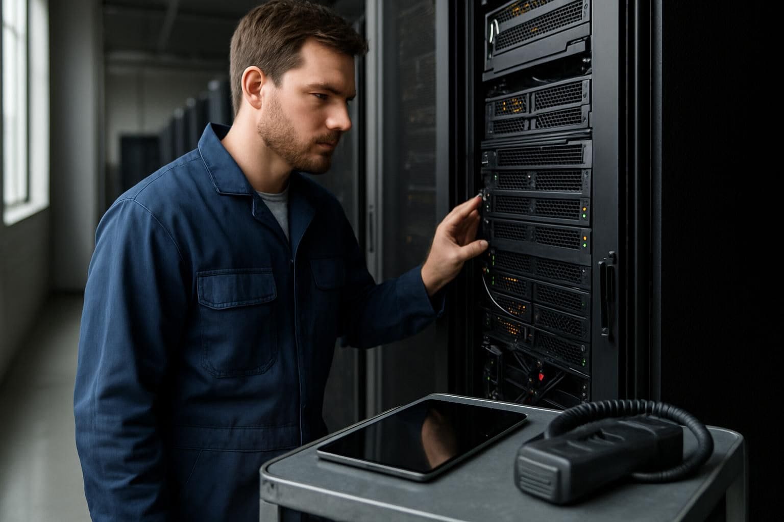 A technician in a navy jumpsuit inspects a sleek black server rack in a modern data center. A technician in a navy jumpsuit inspects a sleek black server rack in a modern data center.