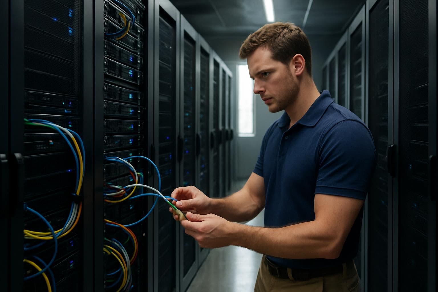 A technician inspects a meticulously maintained server room with neatly arranged racks and blinking LED indicators. A technician inspects a meticulously maintained server room with neatly arranged racks and blinking LED indicators.