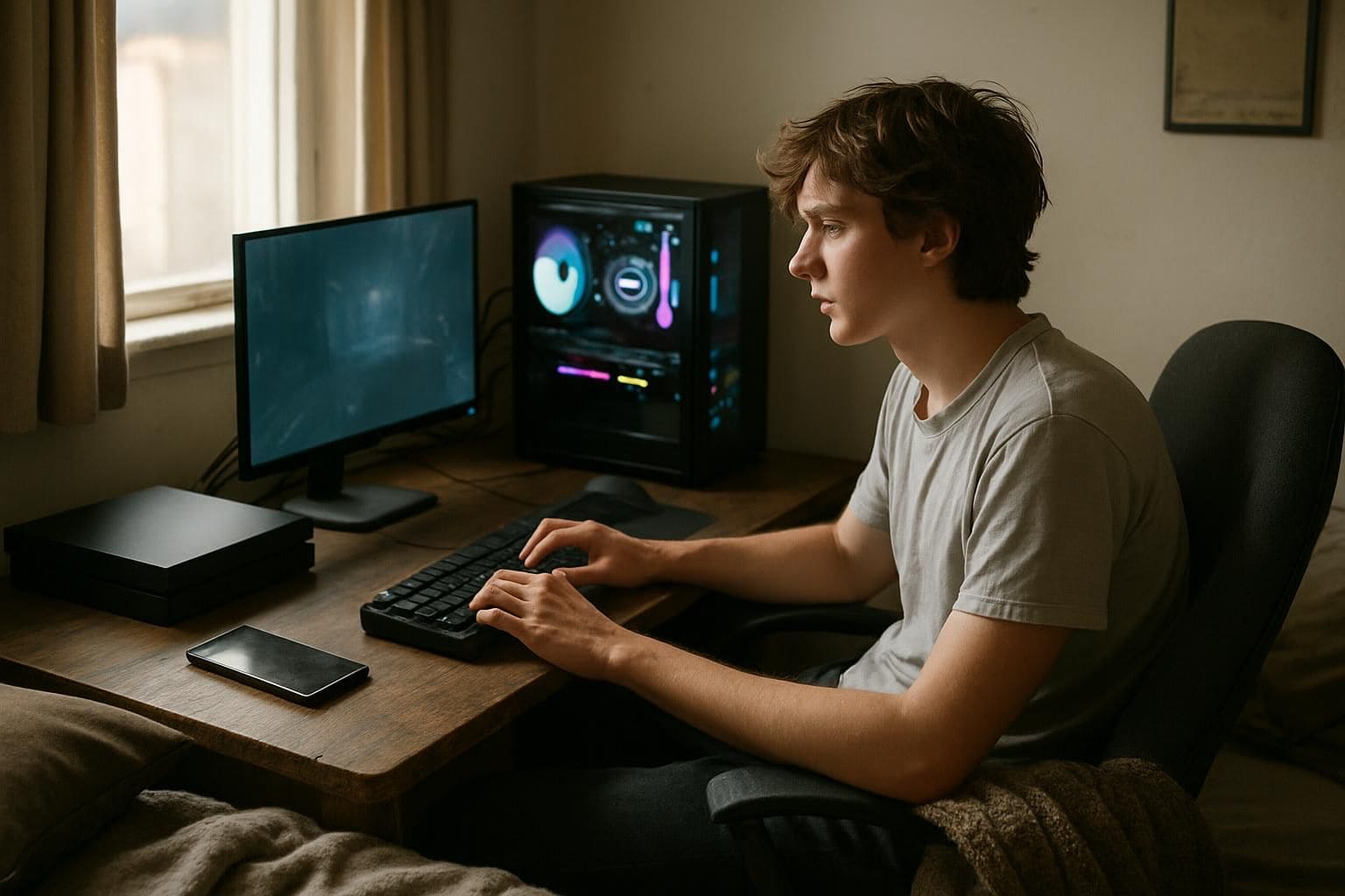 A cluttered bedroom with a sleek gaming setup, plush pillows, and a relaxed person gaming. A cluttered bedroom with a sleek gaming setup, plush pillows, and a relaxed person gaming.