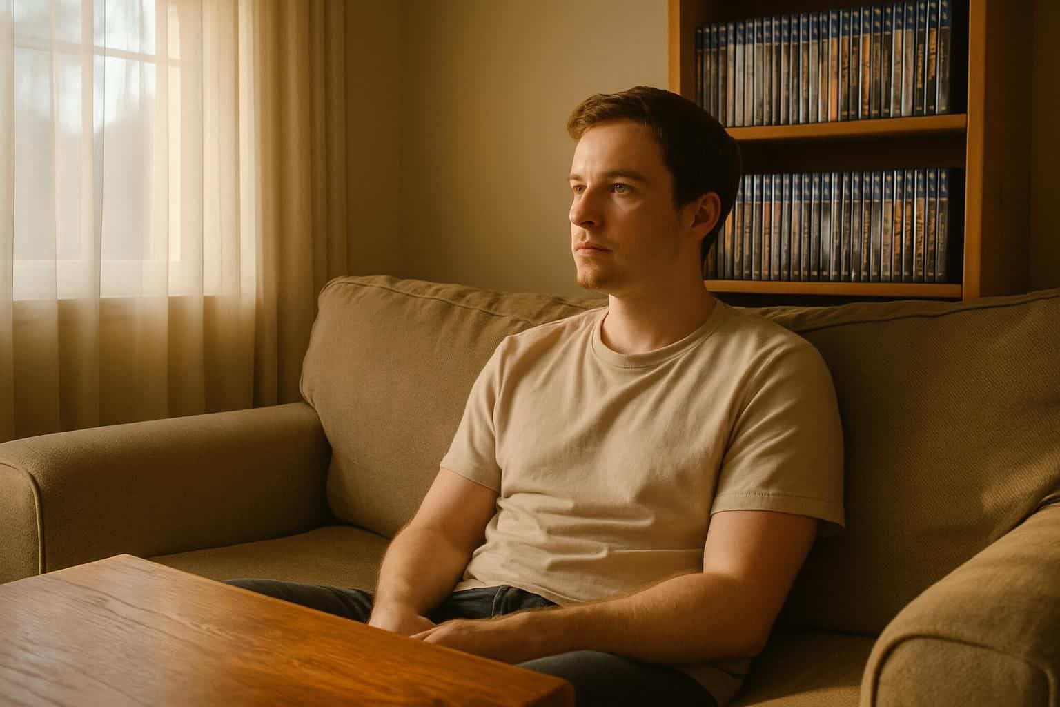 A person sits on a cozy sofa in a sunlit living room surrounded by books and video games. A person sits on a cozy sofa in a sunlit living room surrounded by books and video games.