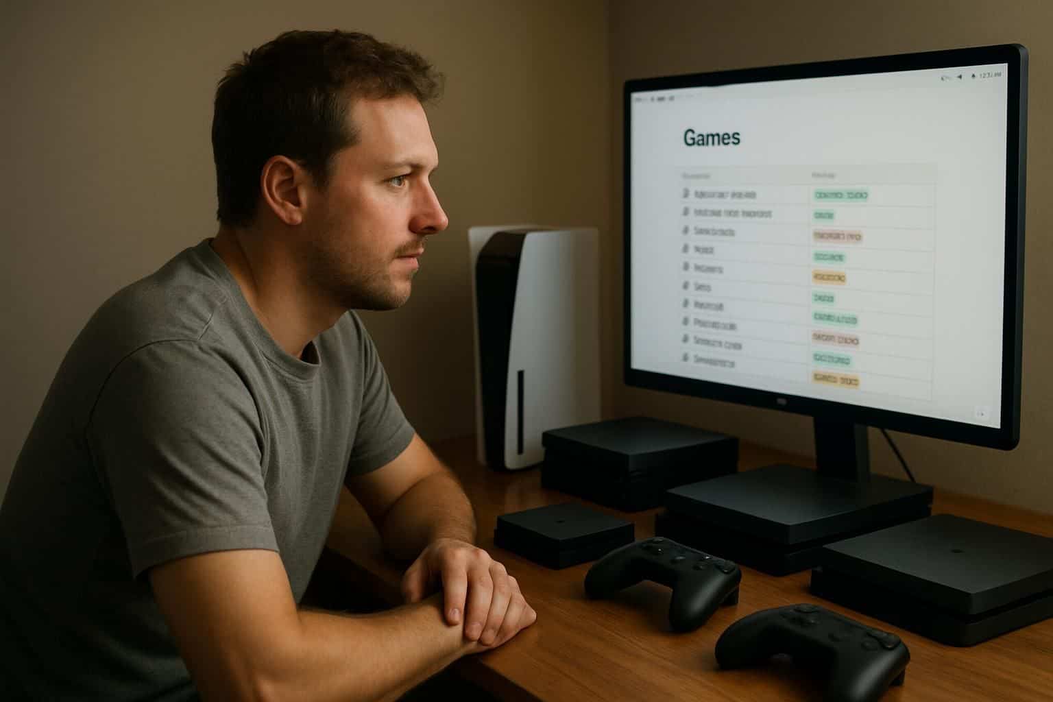 A focused man sits at a tidy desk surrounded by gaming consoles, organizing games on his computer. A focused man sits at a tidy desk surrounded by gaming consoles, organizing games on his computer.