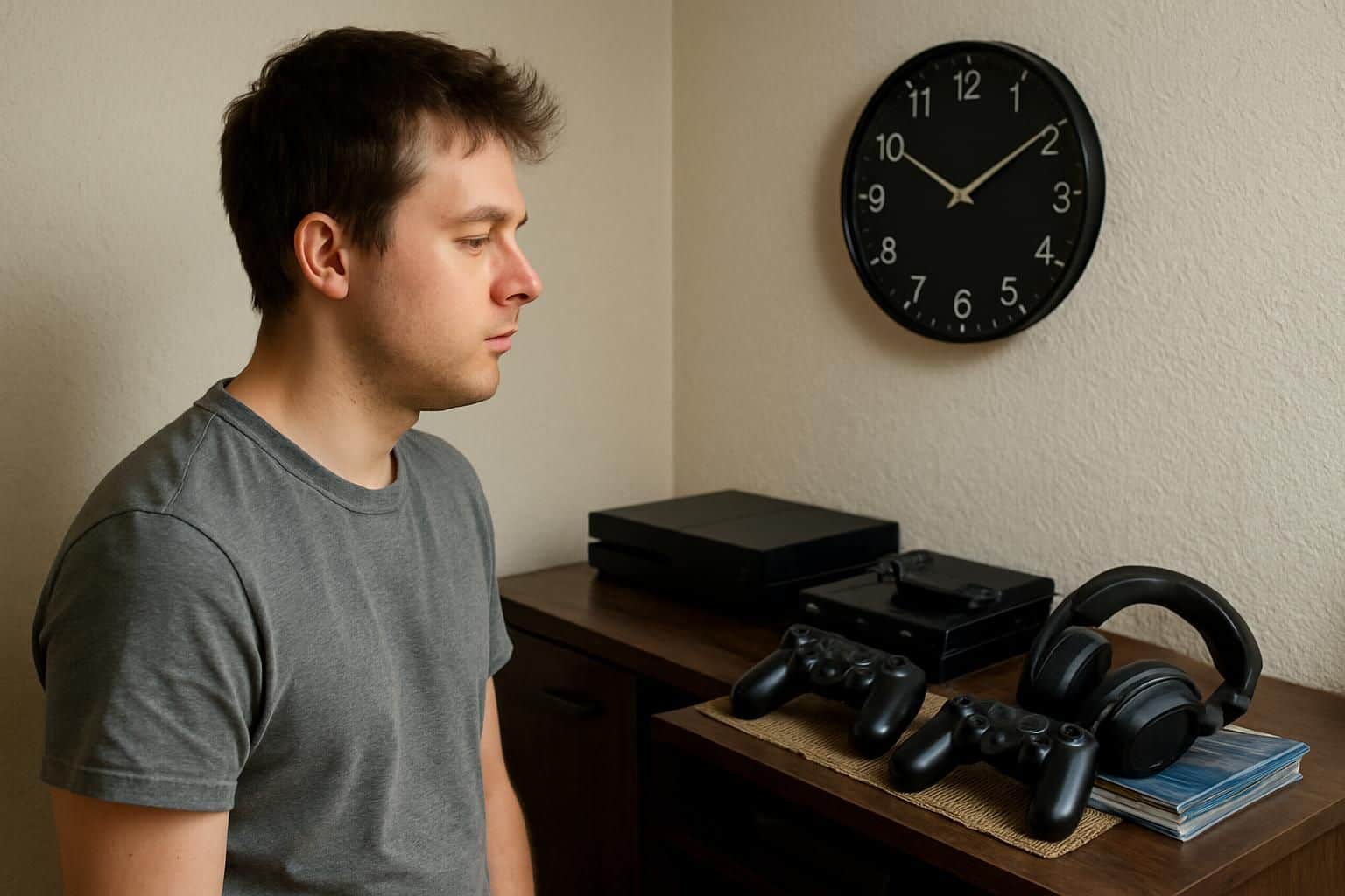 A young man with a contemplative expression looks at a wall clock in a cluttered living room filled with gaming consoles and accessories. A young man with a contemplative expression looks at a wall clock in a cluttered living room filled with gaming consoles and accessories.