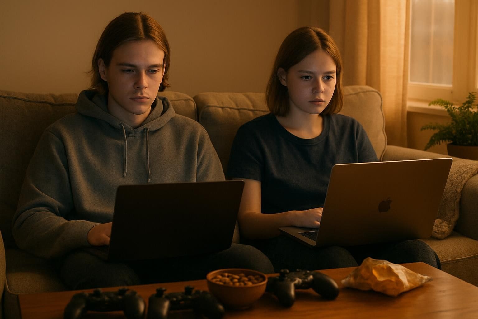 Two young adults seated on a sofa, absorbed in their laptops in a cozy living room. Two young adults seated on a sofa, absorbed in their laptops in a cozy living room.