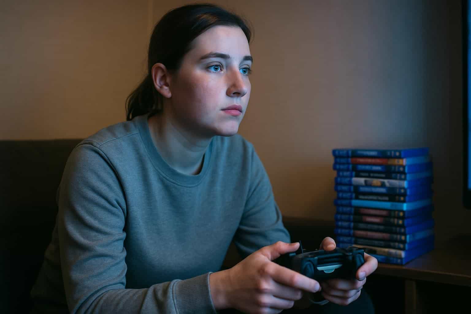 A young woman enjoys playing video games in a cozy, minimally decorated room. A young woman enjoys playing video games in a cozy, minimally decorated room.
