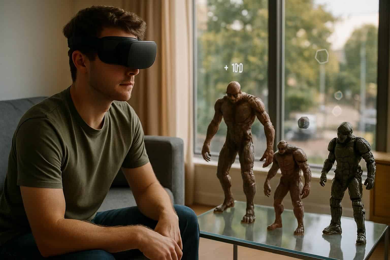 A man in casual attire is playing a realistic augmented reality game in his living room. A man in casual attire is playing a realistic augmented reality game in his living room.