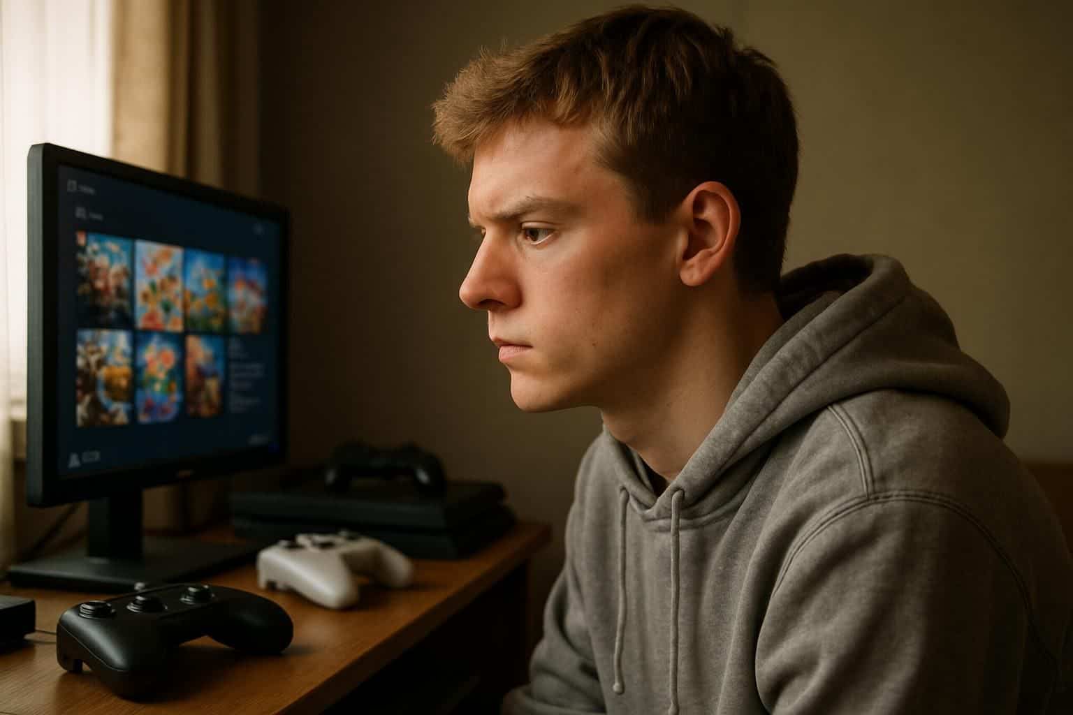 A young man sits in a room, focused on a computer screen surrounded by gaming consoles. A young man sits in a room, focused on a computer screen surrounded by gaming consoles.
