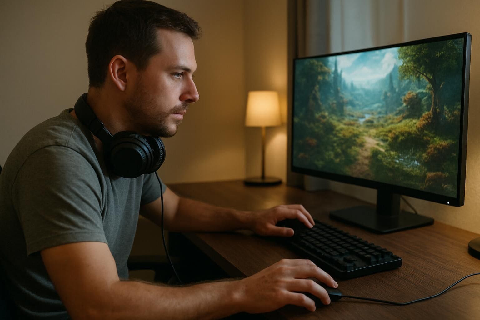 A man in his 30s sits at a computer desk, immersed in a detailed fantasy RPG landscape on his monitor. A man in his 30s sits at a computer desk, immersed in a detailed fantasy RPG landscape on his monitor.