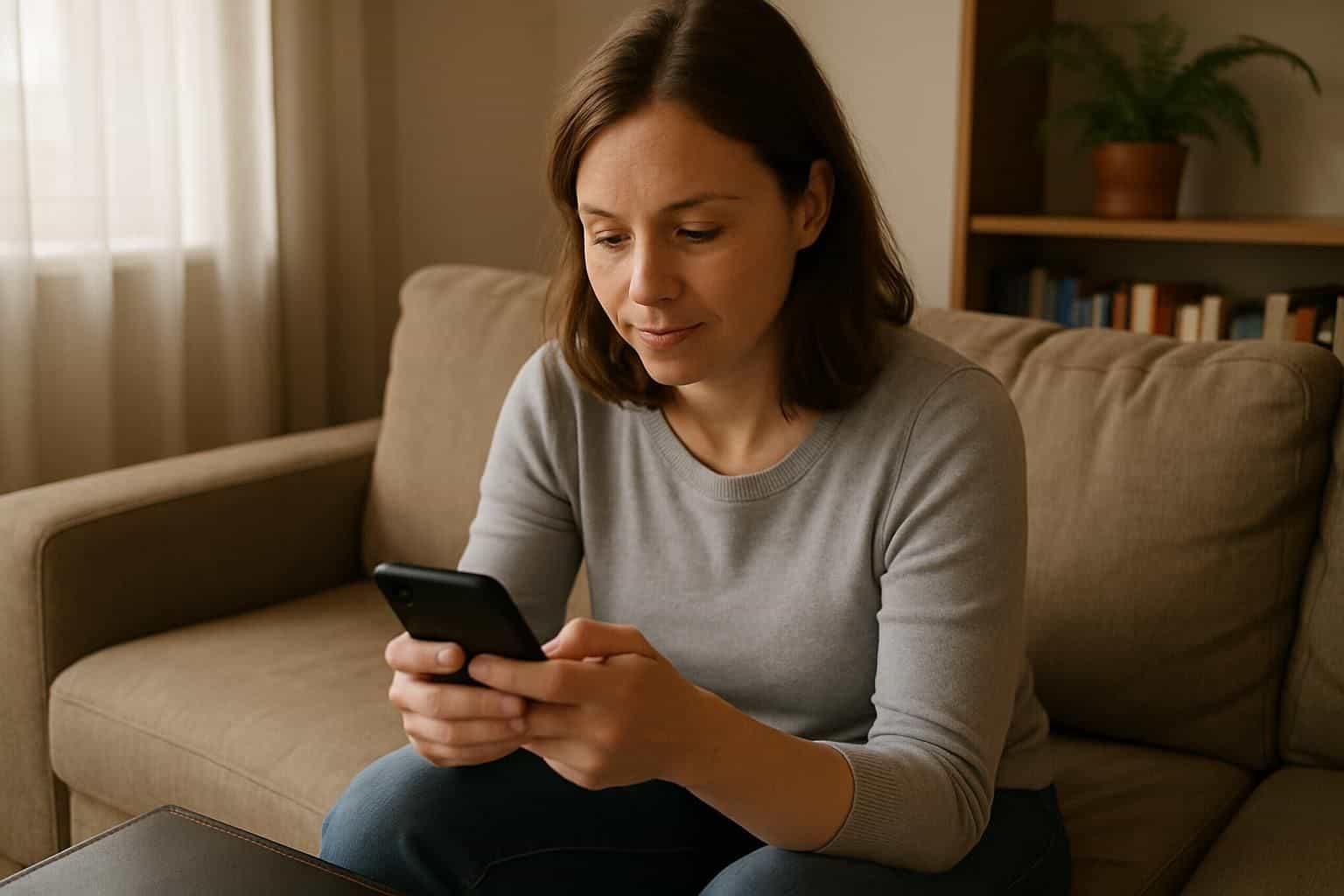 A woman in her 30s sits comfortably on a beige sofa, engrossed in her smartphone in a warmly lit living room. A woman in her 30s sits comfortably on a beige sofa, engrossed in her smartphone in a warmly lit living room.